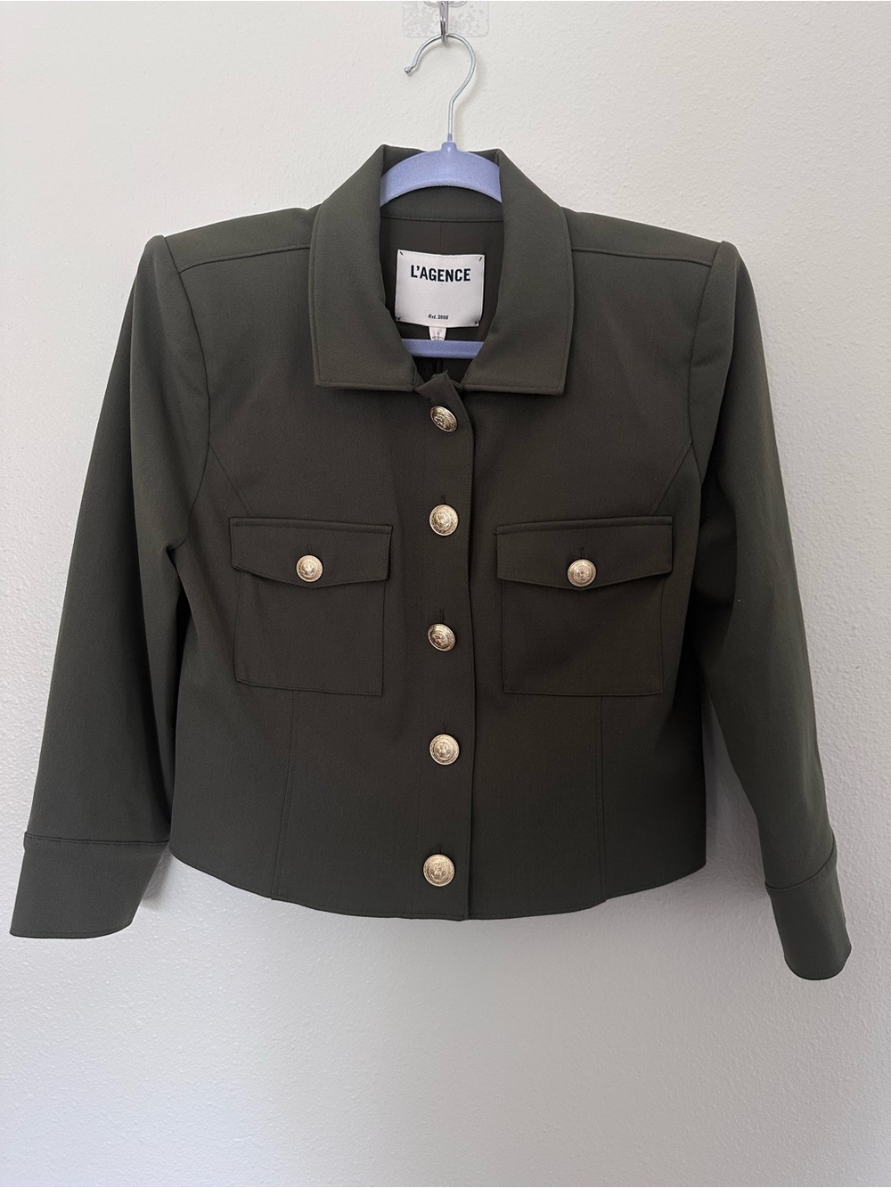 L'AGENCE Olive Military-Inspired Cropped Blazer with Gold Buttons - Picture 3 of 9